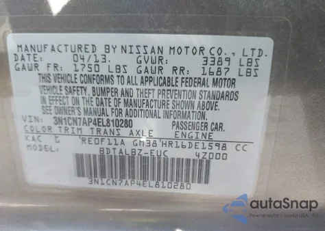 2014 Nissan Versa 1.6 Sv from USA, damaged, VIN 3N1CN7AP4EL810280